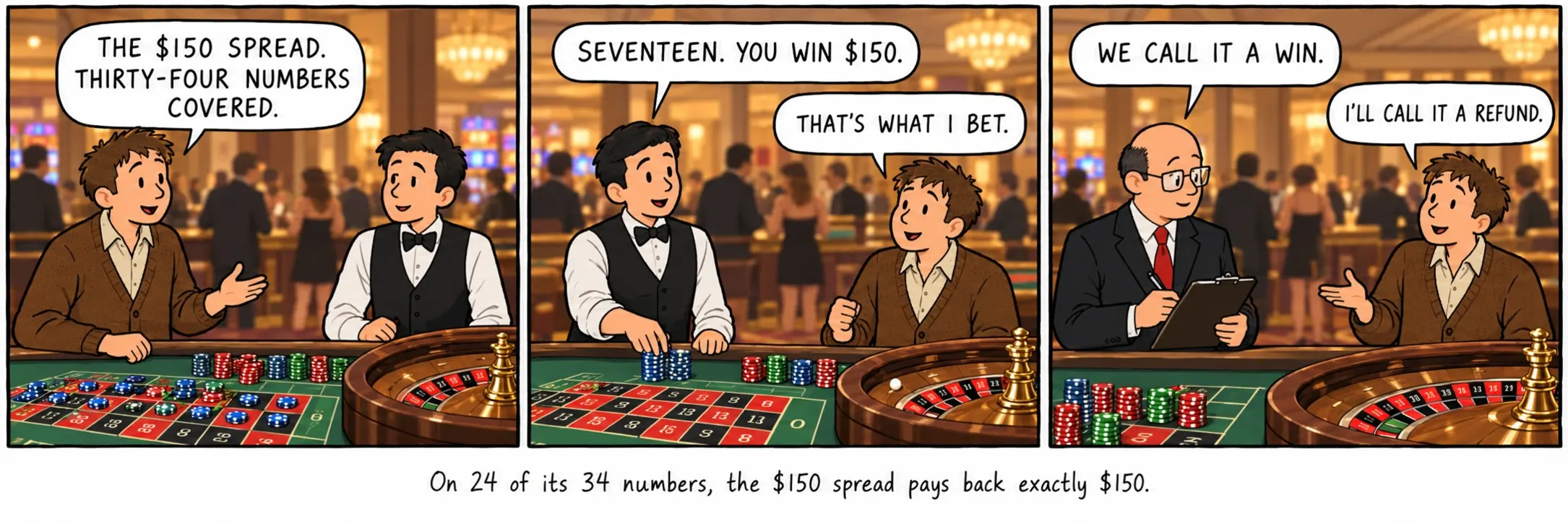 34個の数字のうち24個では、$150のスプレッドが返すのはちょうど$150。